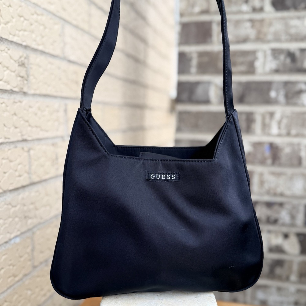GUESS Black Nylon Shoulder Bag Y2K Minimal Baguette Purse Small Handbag